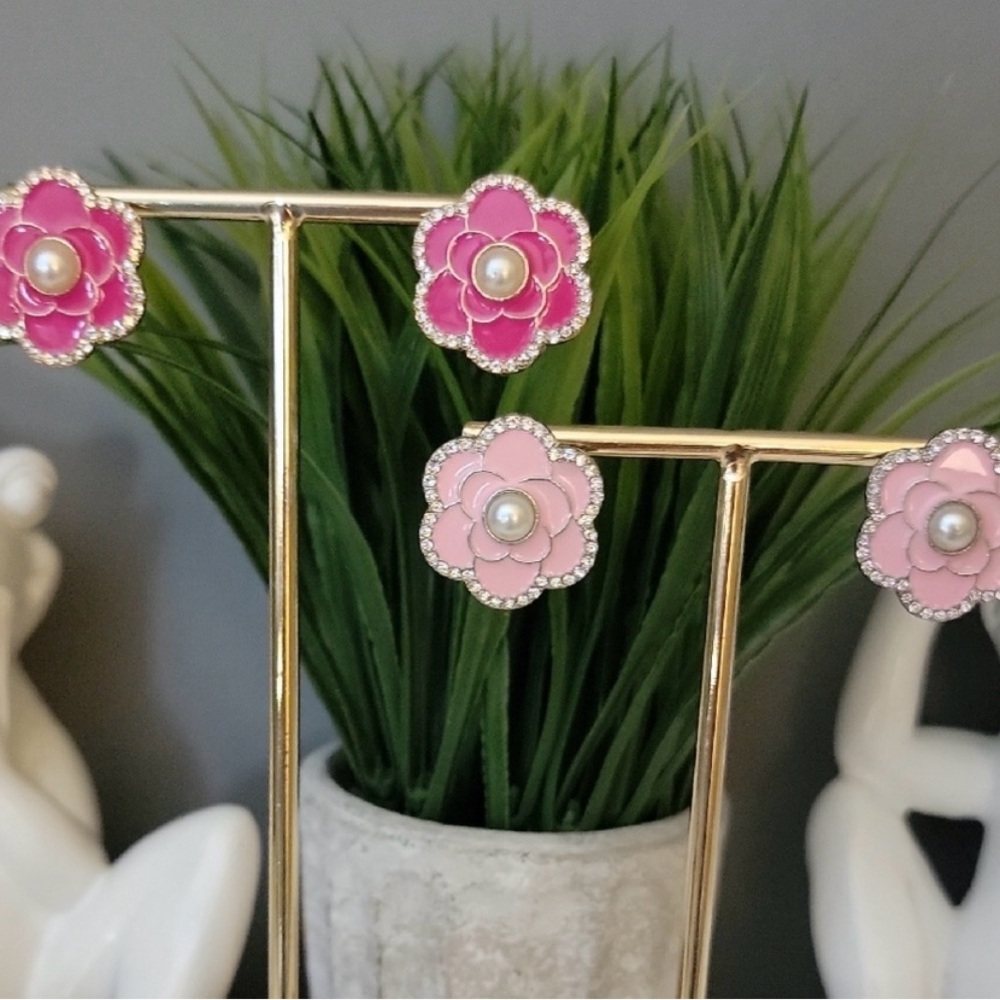Pink Flower Pearl & Rhinestone Stud Earrings - Set of 2